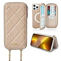 ROMIELA iPhone 14 Pro Wallet Case with Crossbody Strap Lanyard Quilted Leather Purse, [Support Wireless Charging],[RFID Blocking] Zipper Card Holder FILP Case for iPhone 14 Pro 6.1 inch