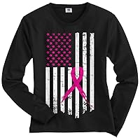 Threadrock Women's Pink Ribbon Breast Cancer Awareness Flag Long Sleeve T-Shirt