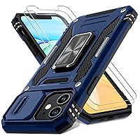 DEERLAMN for iPhone 11 Case with Slide Camera Cover+Screen Protector(2 Packs),Rotated Ring Kickstand Military Grade Shockproof Protective Cover-Navy Blue