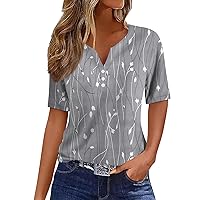 Womens Summer Tops Fashion Casual T-Shirt V-Neck Short Sleeve Floral Print Button Top