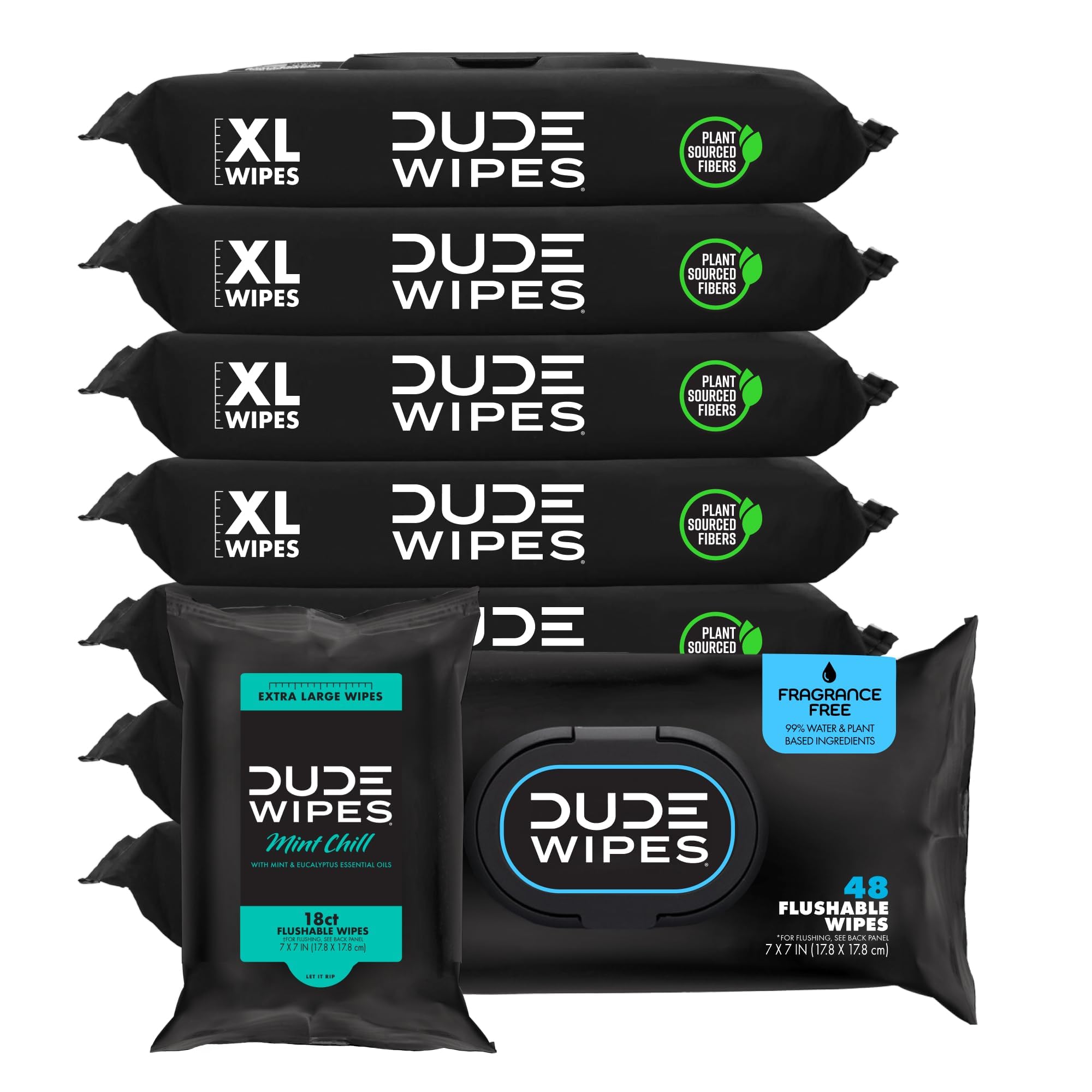 DUDE Wipes - Flushable Wipes - Unscented 8 Pack + Mint Travel Pack, 402 Wipes - Extra Large Dispenser Wet Wipes with Vitamin E & Aloe For Men - Septic and Sewer Safe