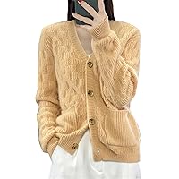 Autumn and Winter Cashmere Sweater Women's V-Neck Solid Color 100% Wool Loose Pocket Warm and Comfortable Knitted Cardigan
