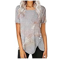 AMhomely Womens Summer Tops Casual Boho Floral Print Short Sleeve Crew Neck Blouses Elegant Loose Tunic Shirts Longline Soft Lounge Shirts Evening Party Going Out Tops Holiday Clothes
