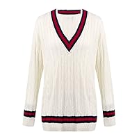 Womens Cricket Jumper V Neck Cable Knitted Sweater Ladies Long Sleeve Fancy Top