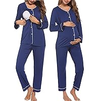 Ekouaer Maternity Pajama Set Button Down Nursing Sleepwear Long Sleeve Breastfeeding Loungewear with Adjustable Pants