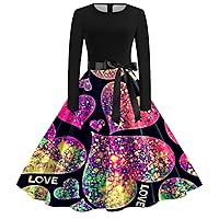 XJYIOEWT Floral Spring Dresses for Women 2024 Long,Women Vintage Long Sleeve O Neck Valentine's Day Print 1950s Housewif