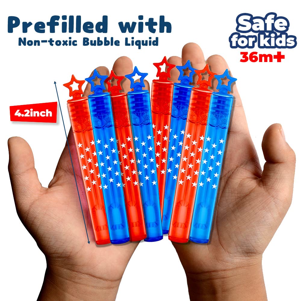 VKTEN 32Pcs 4th of July Mini Bubble Wands Patriotic Red White Blue Bubbles for Kids, Independence Day Party Favors Patriotic Decorations