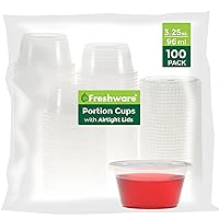 Freshware Plastic Portion Cups with Lids [3.25 Ounce, 100 Sets] Disposable Plastic Cups for Meal Prep, Salad Dressing, Jellos Shot Cups, Souffle Cups, Condiment and Dipping Sauce Cups