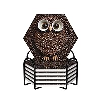 Coffee Bean owl Coasters Set of 6 Ceramic Coaster with Holder Absorbent Coasters for Drinks Heat Resistant Coffee Table Coasters Cup Pad for Kitchen Office Home Decoration