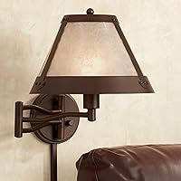 Franklin Iron Works Samuel Rustic Mission Swing Arm Wall Lamp Industrial Bronze Plug-in Light Fixture Natural Blonde Mica Mineral Shade for Bedroom Bedside House Reading Living Room Home Dining