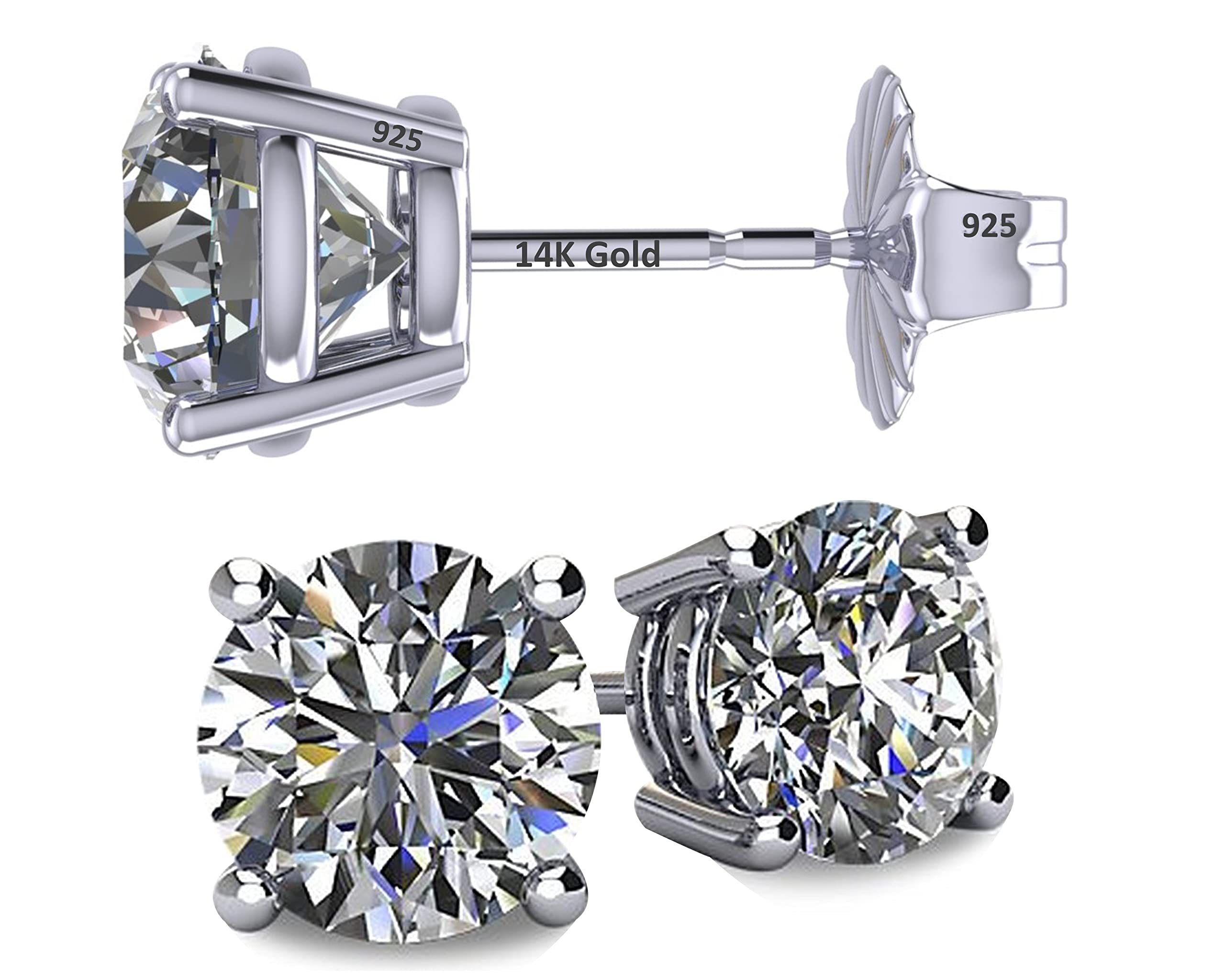 14K Solid Gold Post & Sterling Silver 4 Prong Pure Brilliance Zirconia CZ Stud Earrings 1.00ctw - 8.00ctw