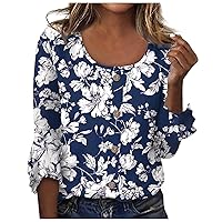 Women 50 Shirts Long Sleeve Lightweight, Tunics Or Tops to Wear with Leggings Long Sleeve Blouses for Women Women's Fashion Casual Long Sleeve Seven Part Sleeve Button Retro (6-Dark Blue,X-Large)