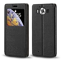Microsoft Lumia 950 Case, Wood Grain Leather Case with Card Holder and Window, Magnetic Flip Cover for Microsoft Lumia 950 Black