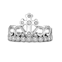 SwaraEcom 14K White Gold Plated Round Cut Bezel Set CZ Crown Cross Engagement Wedding Ring