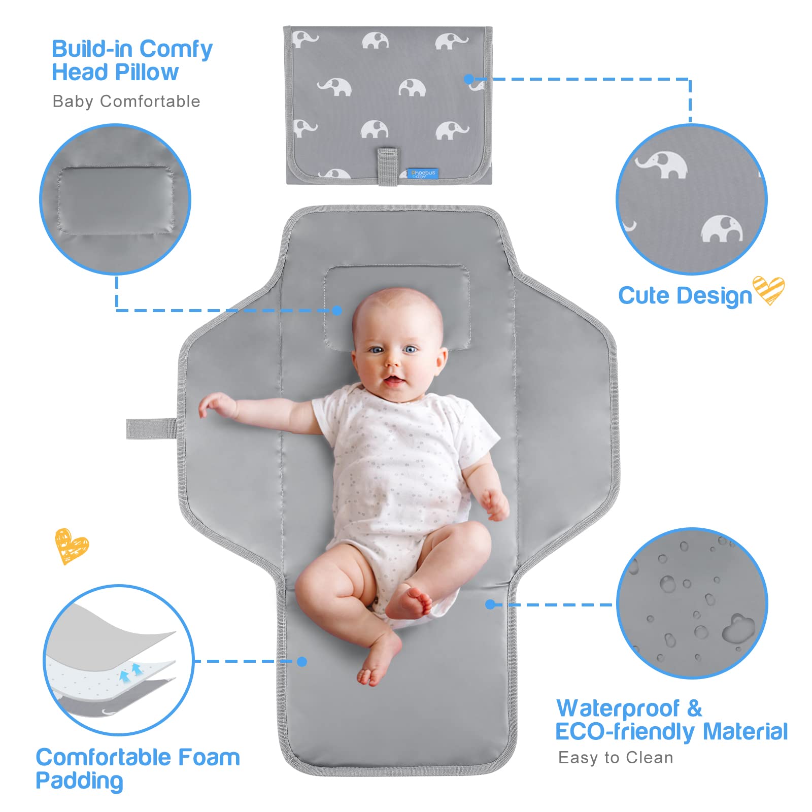 PHOEBUS BABY Portable Changing Pad Travel - Waterproof Compact Diaper Changing Mat with Built-in Pillow - Lightweight & Foldable Changing Station, Newborn Shower Gifts(Cute Elephant)