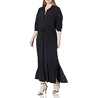 Women's Plus Size Long Sleeve V-Neck Solid Jersey Maxi Dress with Lace and Tie Waist