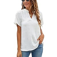 Blooming Jelly Womens White Chiffon Blouses Short Sleeve V Neck Shirts Summer Casual Polka Dot Tops