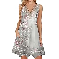 Women's Casual Sleeveless Dresses V Neck Lace Tank Dress Loose Flowy Beach Boho Sundress with Pockets, XS XXXL