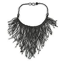Statement Glass Bead Bib Style/Fringe Necklace In Black - 40cm Long/ 17cm Front Drop