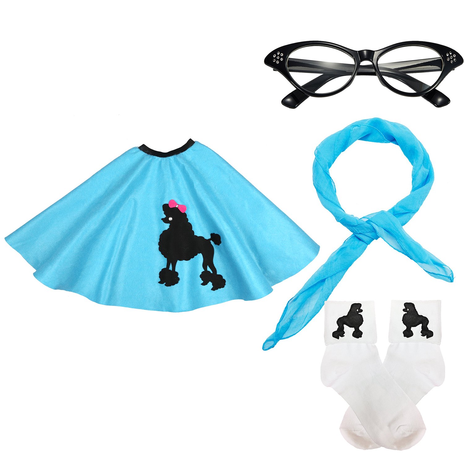 qnprt 50s Girls Costume Accessory Set - Poodle Skirt, Chiffon Scarf, Cat Eye Glasses,Bobby Socks