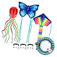 3 Pack Kites-Rainbow Delta Kite, Red Mollusc Octopus Kite, Blue Butterfly Kite & Kite String Reel