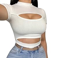 Women Casual Basic Going Out Crop Top Slim Fitted Short Sleeve Crew Neck Tight Shirts Lace Y2K Top Fashion 2024