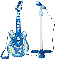 Best Choice Products 19in Kids Toy Guitar, Pretend Play Musical Instrument Toy for Toddlers w/Mic, Stand, 8 Demo Songs, Lights & Sounds - Navy