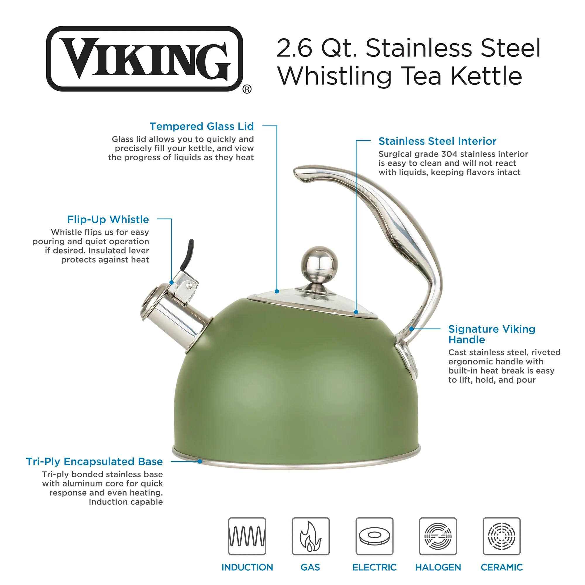 Viking Culinary 3-Ply Stainless Steel Whistling Tea Kettle, 2.6 Quart, Includes Tempered Glass Lid, Ergonomic Stay-Cool Handle, Works on All Cooktops including Induction, Cypress Green