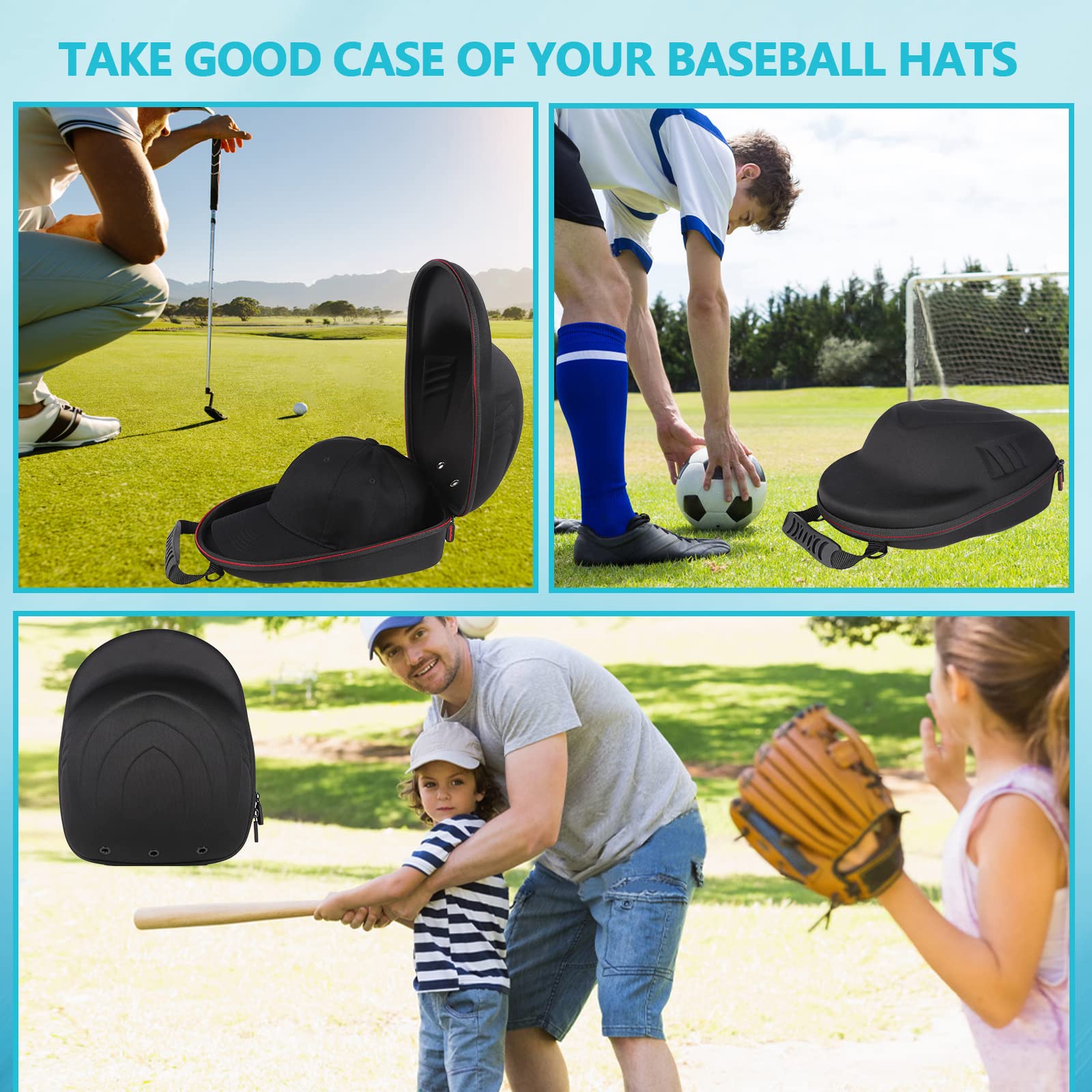 Glamgen Hard Hat Case for Baseball Caps,Hat Carrier Travel Case with One Black Baseball Cap and Adjustable Shoulder Strap,Hat Organizer Holder Bag for 6 Baseball Caps