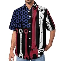 Funny Wrench American Flag Men's Lapel Shirt Casual Button Down Tees Short-Sleeve Blouse Tops