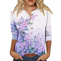 Button Down Shirt for Women 3/4 Sleeve Floral Printed V Neck Basic Tops Fashion Lightweight Y2K Pocket Blouse