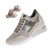 Women's High Heeled Wedge Sneakers,2022 Fall Fashion Hidden Casual Comfort Breathable Lace Up Walking Platform Shoes