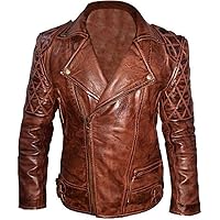Distressed Diamond Quilted Biker Brown Real Sheepskin Leather Jacket