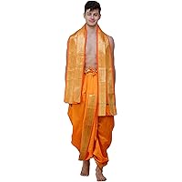 Ready to Wear Dhoti and Angavastram Set with Meenakari Woven Golden Border - Art Silk