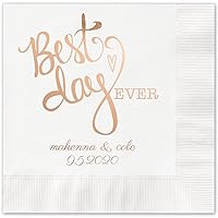 Canopy Street Best Day Ever Heart Personalized Beverage Cocktail Napkins / 100 White Paper Napkins With Choice Of Foil