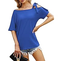 KOJOOIN Women's One Off Shoulder Tops Short Sleeve Casual Blouses Summer Solid Color Tie Knot Shirt Top