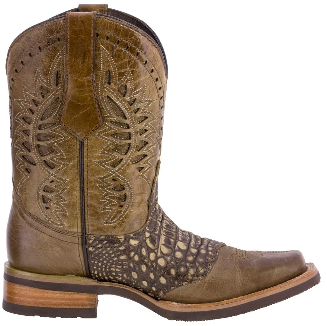 Texas Legacy Mens Sand Western Leather Cowboy Boots Crocodile Print Square Toe