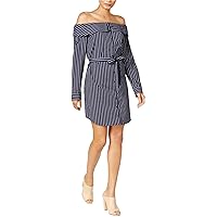 Kensie Women's Oxford Shirting Stripe Off Shoulder Dress, Classic Navy Combo, XS