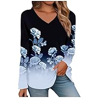 Women Long Sleeve Shirts Trendy V Neck Tunic Tops Casual Basic Tees Soft Pullover Printed T-Shirt Loose Fit Blouses