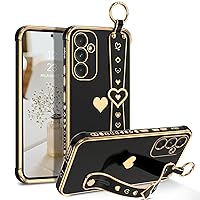 GUAGUA for Samsung Galaxy A54 Case, Galaxy A54 Phone Case with Wrist Strap Holder, Slim Soft TPU Plating Love Heart Pattern with Wristband Kickstand Shockproof Case for Samsung A54 5G 6.4'', Black