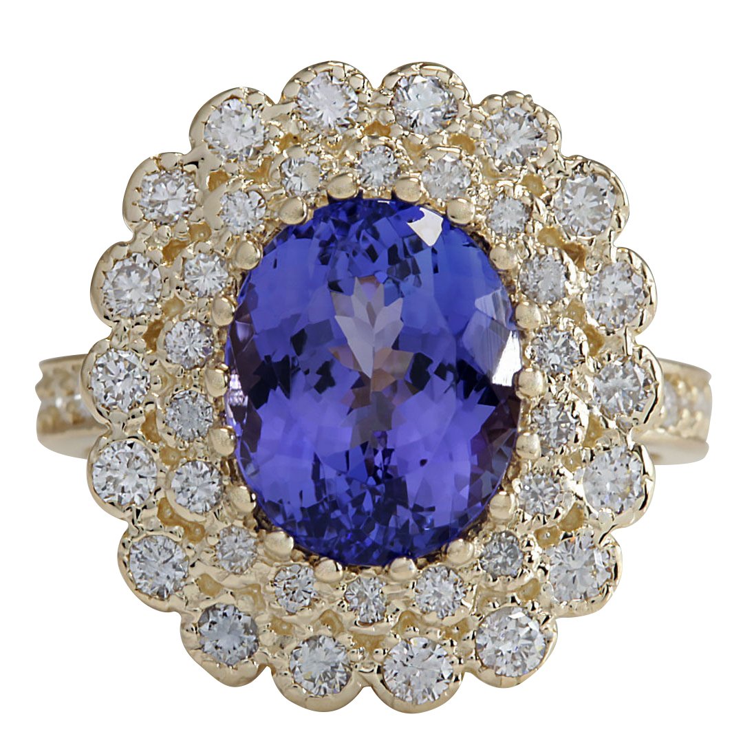 5.42 Carat Natural Blue Tanzanite and Diamond (F-G Color, VS1-VS2 Clarity) 14K Yellow Gold Luxury Cocktail Ring for Women Exclusively Handcrafted in USA