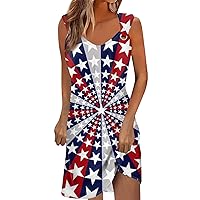 American Flag Maxi Dress 4th of July Dress for Women America Flag Print Sexy Vintage Fashion with Sleeveless Round Neck Splice Dresses Navy X-Large