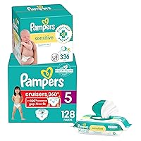 Diapers Size 5, 128 Count and Baby Wipes - Pampers Pull On Cruisers 360° Fit Baby Diapers with Stretchy Waistband, ONE MONTH SUPPLY with Sensitive Wipes, 6X Pop-Tops, 336 Count (Packaging May Vary)