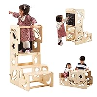 Toddler Tower, Toddler Stool for Kitchen, Kids Learning Wooden Tower, Foldable Weaning Table with Kids Step Stool, Montessori Toddler Standing Tower for Bathroom and Kitchen Counter
