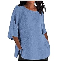 Cotton Linen Tops for Women 3/4 Sleeve Plus Size Dandelion Dog Paw Sunflower Shirts Crewneck Graphic Tshirt Blouse