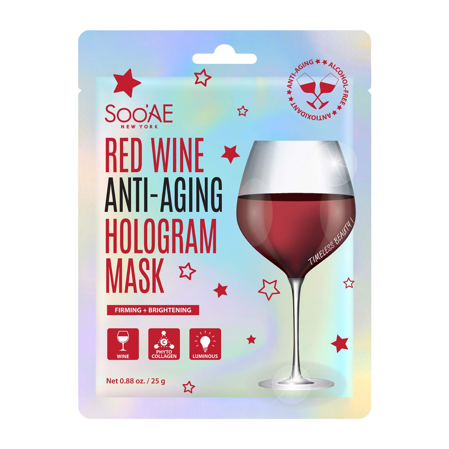 Soo'AE Red Wine Anti-Aging Hologram Mask [12 Count] Vegan Collagen Antioxidants to Firm, Restore and Brightening Skin, Korean Beauty Sheet mask hydrate glow brighting premium facial mask face wrap foil