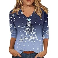 Women's Christmas Shirts Fashion Everyday Casual V-Neck Seven Point Sleeve Printed T Shirt Top Blouses, S-3XL