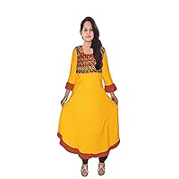 Embroidered Long Dress Indian Women's Cotton Tunic Ethnic Wedding Wear Kurti Frock Suit Yellow