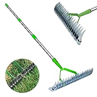 Thatch Rake,12.8 Inch Wide Dethatcher Rake for Cleaning Dead Grass,Efficient Steel Metal Lawn Grass Rake with Stainless Steel Handle,Lawn Loosening Soil Rake, 52.8 Inch Length(Green)