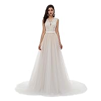 Women's Beaded Lace Appliques Tulle Beach Wedding Dress Boho Bridal Gown